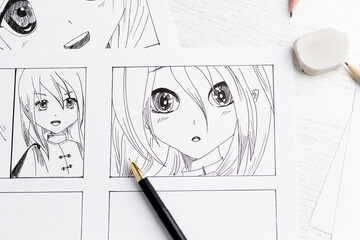 Sketches of drawings of anime comics. Storyboard of characters on paper.