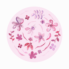 Watercolor pink and purple flowers arranged in a circle