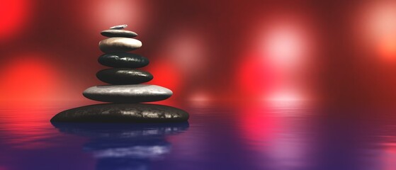 Obraz premium Pyramid of stones on blurred red background, zen pyramid of stones, 3d rendering