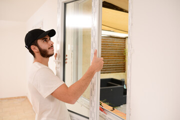 handsome young professional man installing and replacing a new home windows in client house for...