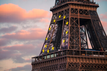 Eiffel Tower in Paris France, European Union stars