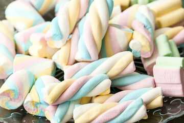 Plate with sweet marshmallows, closeup