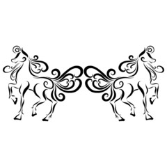 two galloping horses fluffy graceful curly mane friends jumping together playfully and fun valentines day logo