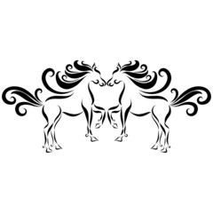 two enamored galloping horses with fluffy graceful curly mane friends jumping together playfully and fun valentines day logo