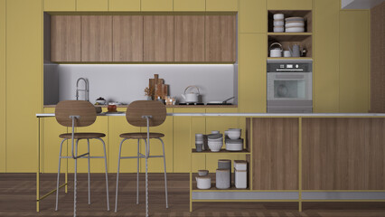 Modern yellow colored and wooden kitchen, Island with stools, parquet. Oven, stove, sink and accessories, Contemporary interior design concept