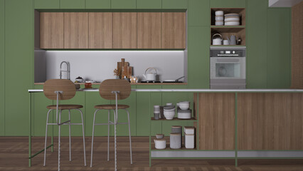 Modern green colored and wooden kitchen, Island with stools, parquet. Oven, stove, sink and accessories, Contemporary interior design concept