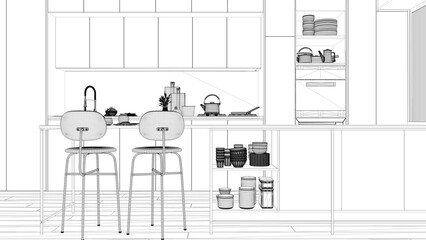 Blueprint project draft, modern kitchen, Island with stools, parquet. Oven, stove, sink and accessories, Contemporary interior design concept