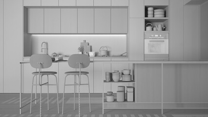Total white project draft, modern kitchen, Island with stools, parquet. Oven, stove, sink and accessories, Contemporary interior design concept