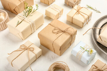Beautiful composition with gift boxes on light background