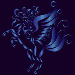blue winged pegasus with long curly mane graceful creative pattern gallops and raises its hooves