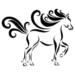 Obraz premium logo galloping black horse with fluffy graceful ornate mane jumping playfully clapping its hoof year of the fiery horse