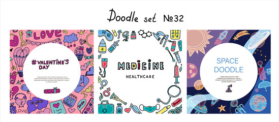 Big doodle medical, Valentine s day and space icons sets. Vector colorful illustration for the holiday on February 14. Hand draw set for pharmacy. Icons for banners, sales, apps, or ads