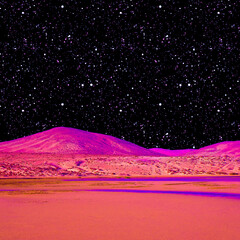 Contemporary minimal collage art. Mix of photos and texture illustrations. Surreal cosmic mountains...