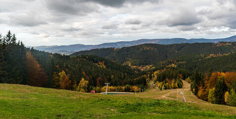 View to Radhost hill from Solan hill in autumn Vsetinske vrchy mountains in Czech republic