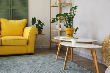 Interior of modern living room with coffee tables and houseplants