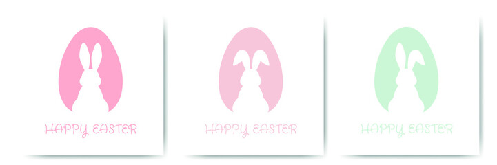 Set Happy Easter card with egg and bunny silhouette in pastel colors. Cute greeting card or poster. Vector illustration in a flat minimalist style.
