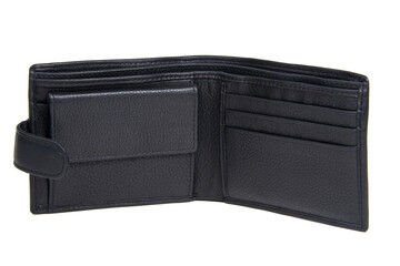 Black opened leather wallet classic isolated on the white background