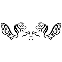 romantic pair of winged pegasi with long curly manes with an elegant pattern gallop and raise their hooves and jump in black colors