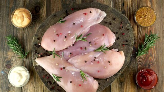 Fresh raw chicken breast fillets sprinkled with peppercorns, rosemary, sauces rotates slowly.