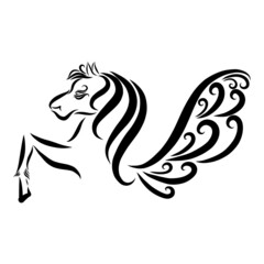 A beautiful winged pegasus gallops with long curly manes with a graceful black pattern.