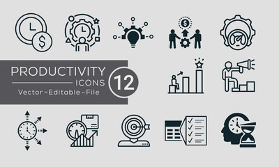 Set of Productivity concept icons design. Contains such icons performance, goal, process, time management and more, can be used for web and apps. Vector 