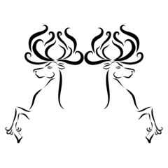 two Christmas deer with long black antlers are jumping and playing