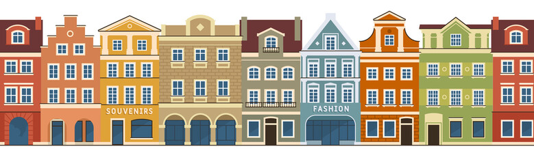 Obraz premium Set of european historical buildings. Traditional Amsterdam, Netherlands architecture. Seamless border. Vector illustration.