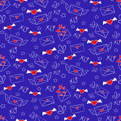Vector seamless love symbol half-drop pattern, with stylish hearts, letter  and xoxo (hugs and kisses) phrase
