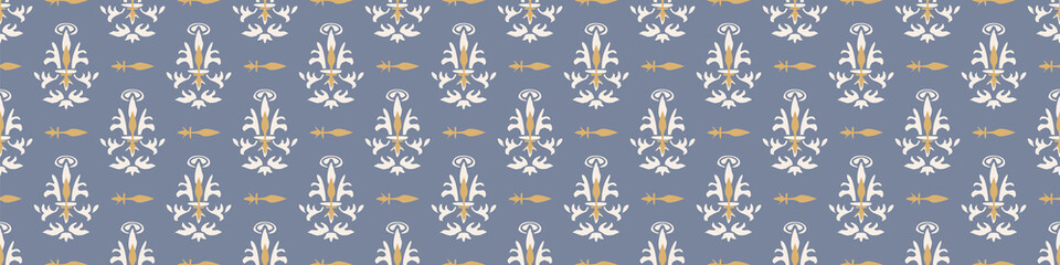 French fleur de lis royal lily seamless border. Farmhouse cottage banner. Lilies lys flower flourish motif rustic damask. - obrazy, fototapety, plakaty