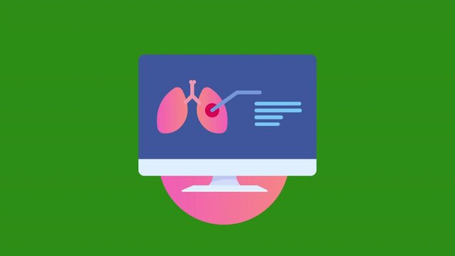 medical monitor with lungs icon animation. green background.  4K motion animation.