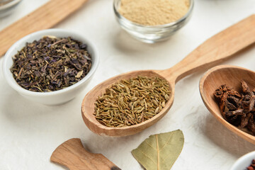 Set of aromatic spices on light background, closeup