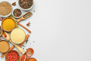 Composition with aromatic spices on white background