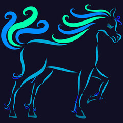 a playful horse of blue and green color a stallion with a wavy mane and a fluffy tail gallops raises a hoof