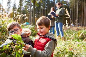 Zwei Kinder im Baumkunde Unterricht als Naturpädagogik