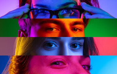 Neon stripes, loines. Closeup human eyes on multicolored background in neon light. Collage made of cropped faces of male and female models. Diversity