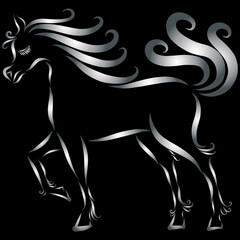 playful horse silver color stallion with a wavy mane and fluffy tail gallops raises a hoof