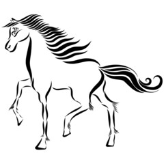 playful horse tattoo stallion with a wavy mane and fluffy tail gallops raises a hoof
