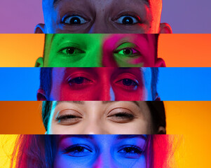 Neon stripes, loines. Closeup human eyes on multicolored background in neon light. Collage made of...