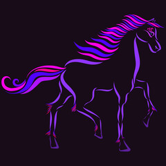 playful horse purple color stallion with a wavy mane gallops raises a hoof