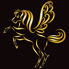 A beautiful winged pegasus gallops with long curly manes with a graceful pattern of golden color