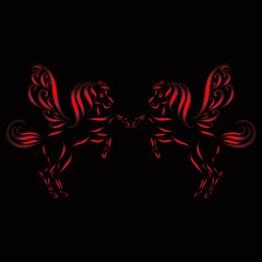 a romantic pair of winged pegasi with long curly manes with an elegant pattern jump and raise their hooves and jump in bright red colors