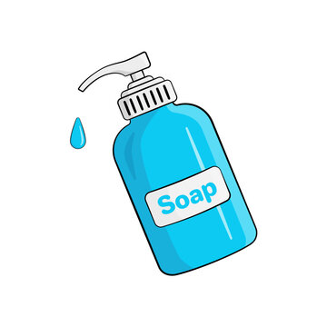 Liquid soap bottle with label. Cartoon. Vector illustration