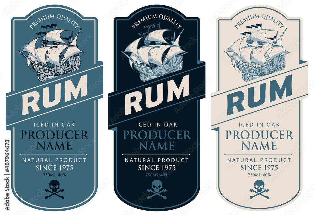 Aufkleber set of vector labels for rum in a figured frames with old sailing ships, skulls with crossbones and 