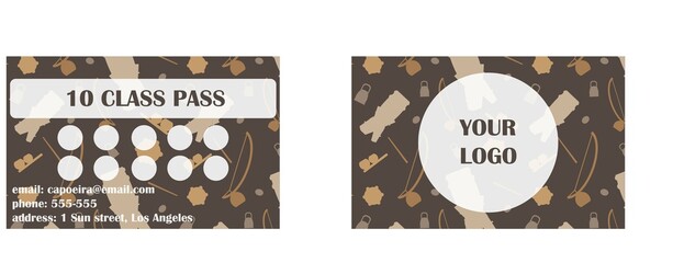 Capoeira training card. 10 class pass card. Capoeira loyalty card. Vector template
