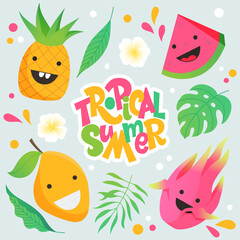 Cute cartoon fruits illustration. Tropical summer elements.