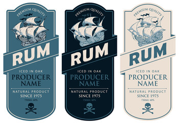 Set of vector labels for rum in a figured frames with old sailing ships, skulls with crossbones and inscriptions in retro style. Collection of strong alcoholic beverages. Premium quality, iced in oak - obrazy, fototapety, plakaty