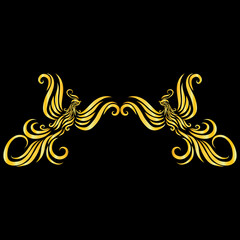 two phoenixes free and soaring romantic couple mythical birds with wavy wings and elegant patterns of yellow gold colors