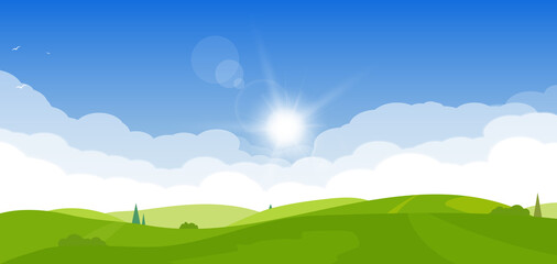 Obraz premium Rising sun above meadow. Trees and green grass on the hills. Sun with flare and blue sky background. Country background in cartoon style banner.