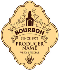 Monochrome vector label for bourbon with a bottle, curlicues and fleur de lis on a beige backdrop in a curly frame. Figured label or sticker for a strong alcohol drink in retro style isolated on white - obrazy, fototapety, plakaty