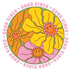 1970s Retro Smile Daisy on Green Background in Round Shape. Hippie Aesthetic. Hand-Drawn Vector Illustration With Inspirational Slogan. Kids Graphic T-shirt, Cover, Sticker.